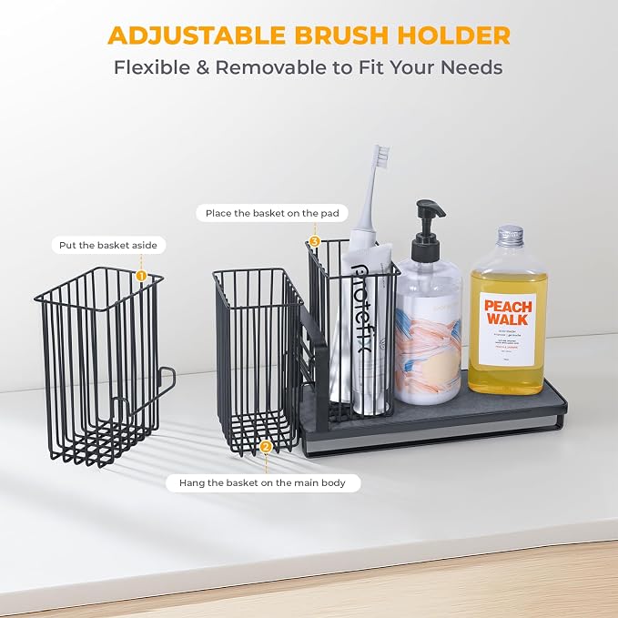 KONE Kitchen Sink Caddy: Sponge Holder for Kitchen Sink Counter with Instant Drying Stone and High Brush Holder, Rustproof Stainless Steel Sponge Holder for Sponges, Scrubbers, Soap (Black)