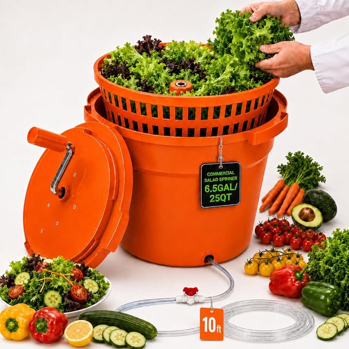 Commercial Salad Spinner - 6.5 Gallon Large Capacity Lettuce Dryer with 10 Ft Drain Hose & Stop Valve, 25Qt Manual Vegetable Spinner for Restaurants, Catering and Meal Prep
