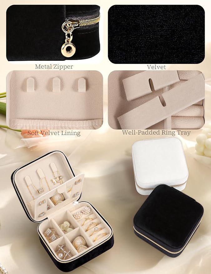 MFXIP Plush Velvet Travel Jewelry Case Small Jewelry Box Jewelry Organizer Storage Case Portable Jewelry Travel Case for Girls Womens Earring, Necklace, Rings,Bracelets with Mirror