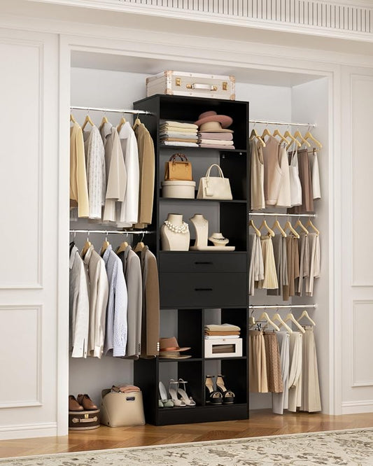 Besiost Small Closet System, 3.2-6.8FT Small Closet Organizer with 2 Wooden Drawers & 5 Hanging Rods, Can Fit 37.5 to 81.9 inch Walk-in Closet System, Built-in, Black, Enclosed Storage Volume 2.32 ft³
