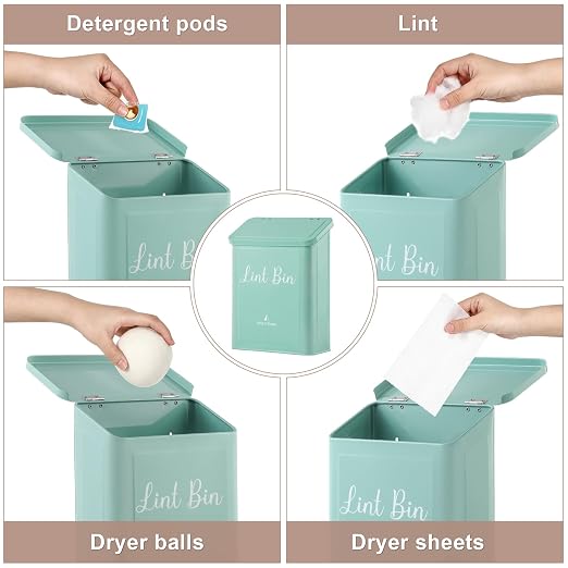 Magnetic Lint Bin for Laundry Room Organization and Storage,Light Green | Wall Mounted Metal Lint Box Holder Trash Can with Lid for Dryer,Lint Basket for Laundry Room Decor