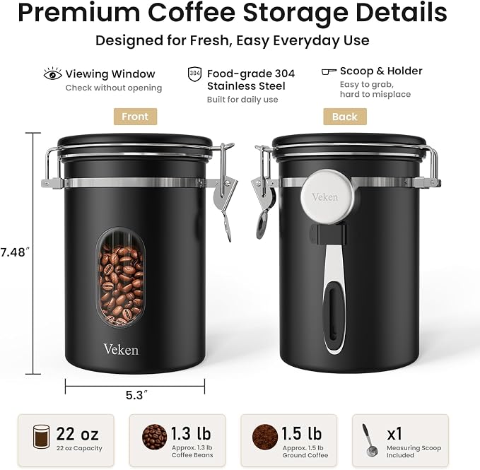 Veken Coffee Canister with Window,Airtight Stainless Steel Pantry Container,Kitchen Food Storage Organizers for Beans,Ground,Espresso,Rice,Tea,Sugar, Cereal, Bar Accessories,Gifts,Lids,Jars,22OZ,Black