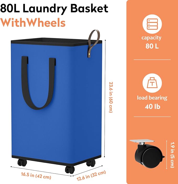 SpaceTrove Rolling Laundry Basket with Wheels, Laundry Hamper, 80L, Blue | Collapsible, 4 detachable wheels including 2 with brakes, sturdy handle, metal frame, for dorms, bathrooms and bedrooms