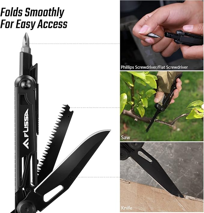 FLISSA 16-in-1 Multitool Pliers with Sheath Stainless Steel EDC | Equipped with Knife, Saw, Screwdrivers, Scissors and Opener. Nylon Carry Case for Camping,Handwork, Hunting, Hiking, Fishing