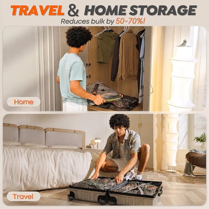 Rechargeable Wireless Pump Travel Storage Bags Set - 15 Pack Large Size Vacuum Bags for Travel & Home, Space-Saving Compression Packing for Clothes, Blankets & Bedding