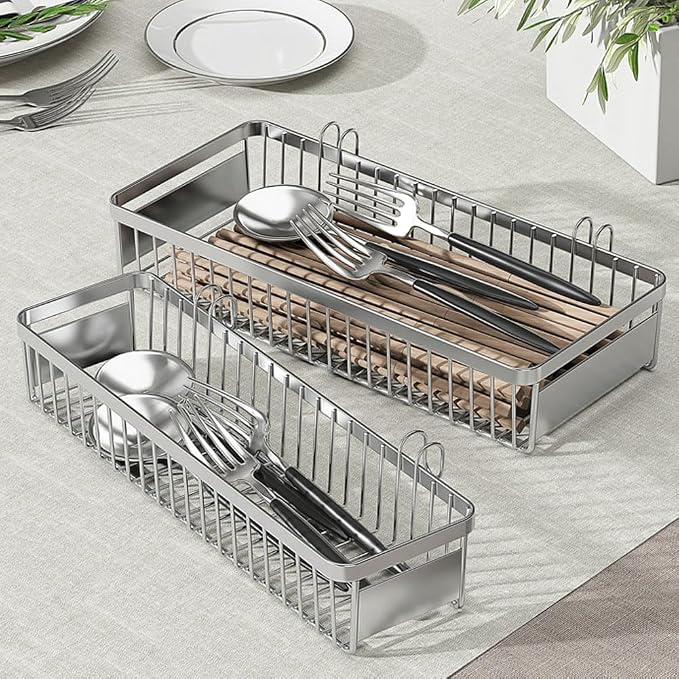 304 Stainless Steel Utensil Drying Rack/Chopsticks/Spoon/Fork/Knife Drainer Basket Flatware Storage Drainer (Square)