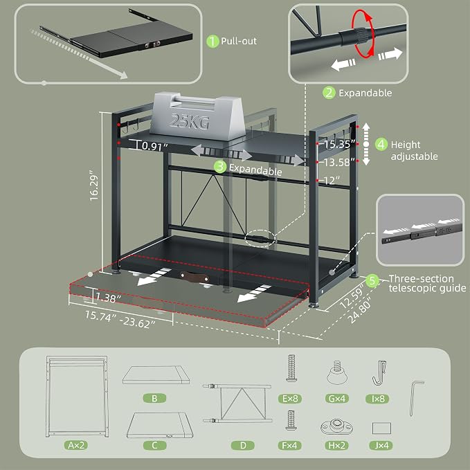 NETEL 2 Tier Expandable Microwave Stand countertop,Microwave Oven Rack | Pull-Out Microwave Shelf, storage shelf for pans &appliances,Adjustable partition height，8 Hooks,55lbs max load,Black