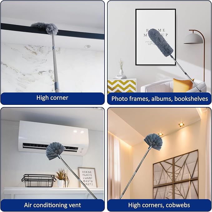 20 Ft+ High Reach Cobweb Dusting Kit with 3-14 Ft Extension Pole/Spider Web Brush & Ceiling Duster Microfiber Feather Duster with Washable Head for Cleaning Ceiling Fan, Furniture, Home