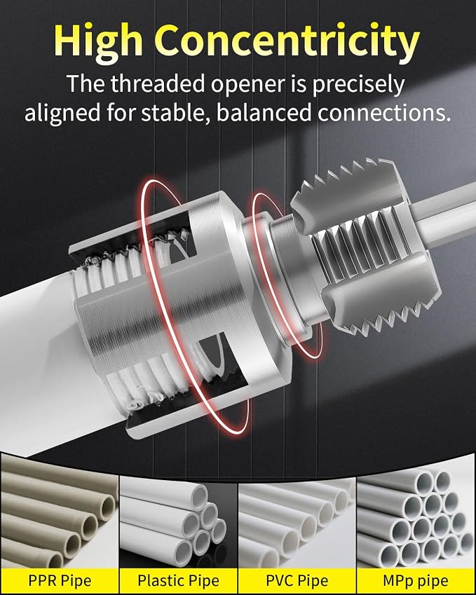 3-Piece PVC Pipe Threading Tool, 1/2, 3/4 and 1 Inch | Integrated internal and external pipe threader works with electric drills for PVC and plastic pipe repair.