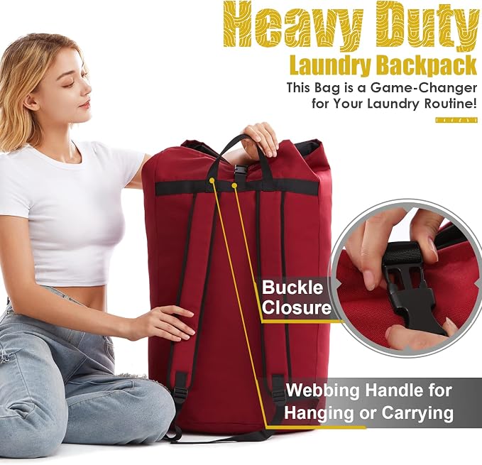 Backpack Laundry Bag, 115L Heavy Duty Extra Large College Laundry Backpack, Dirty Clothes Bag with Shoulder Straps, Laundry Hamper Bag with Drawstring Closure for College Dorm, Apartment Red