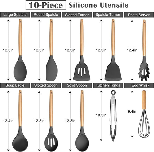 E-far Gray Silicone Cooking Utensils Set, 10-Piece Kitchen Utensils Set with Wooden Handle for Nonstick Cookware, Heat Resistant Kitchen Nonstick Tools Spatula Whisk Tongs Ladle, Non-toxic & Healthy