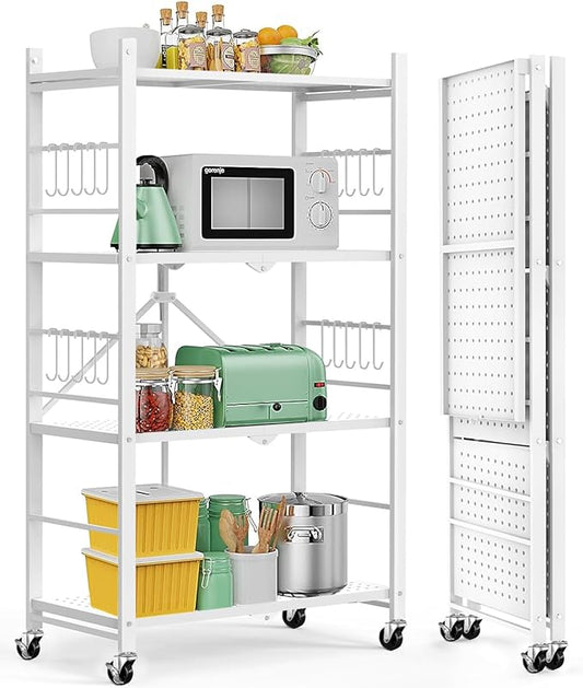 Himix Storage Shelves with 20 Hooks, 4-Tier Foldable Shelves for Storage, Folding Shelf Unit Pantry Shelves with Wheels, Metal Shelving Storage Rack Shelf for Kitchen Garage Home, White - No Assembly