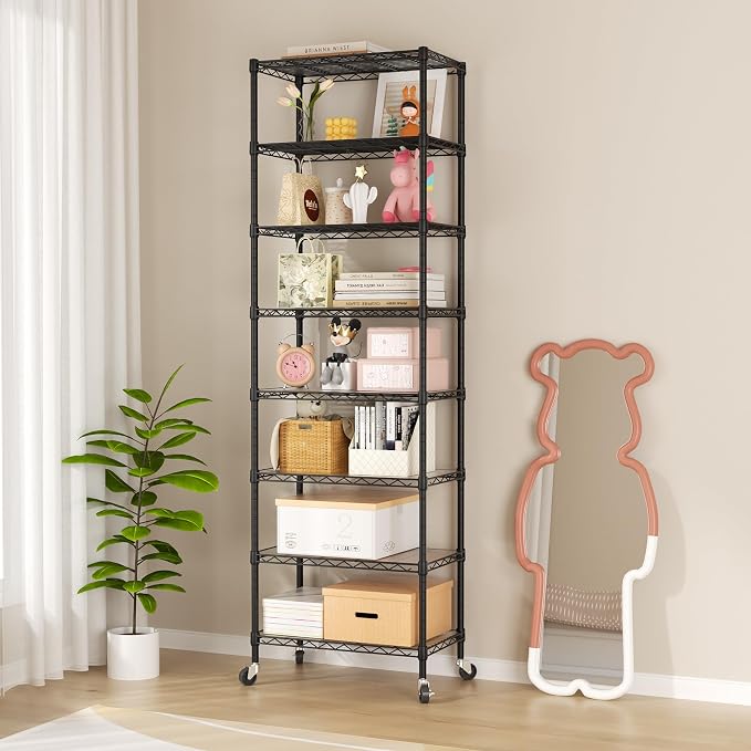 SINGAYE 8 Shelves Storage Wire Shelf Closet Metal Shelving Pantry Wheels | Shelf Bathroom Organizers Metal Kitchen Garage Shelving Unit Laundry Room Organization Home Rack Net Basket with Wheels