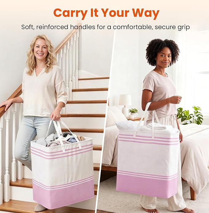 TranquilRelax 3-Pack Laundry Basket, Laundry Hamper, Pink-100L | Freestanding＆Water-Resistant Laundry Hamper, Collapsible Tall Clothes Hamper with Carry Handles for Clothes, Laundry Basket