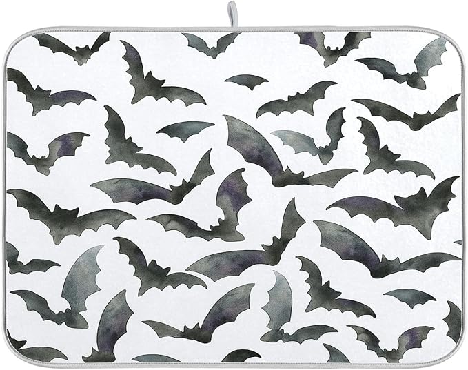 Happy Halloween White Dish Drying Mat for Kitchen Countertop 18x24 Spooky Black Bats Large Drying Mat Reusable Quick Dry Dish Sink Mats Easy Clean Decorative Essentials