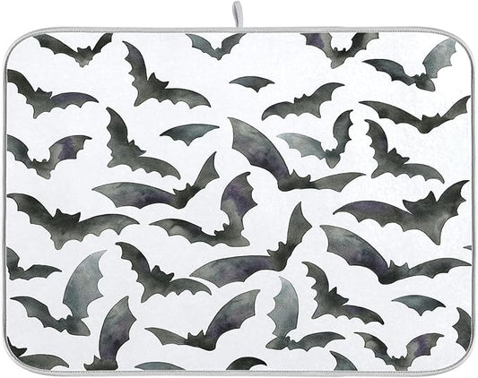 Happy Halloween White Dish Drying Mat for Kitchen Countertop 18x24 Spooky Black Bats Large Drying Mat Reusable Quick Dry Dish Sink Mats Easy Clean Decorative Essentials