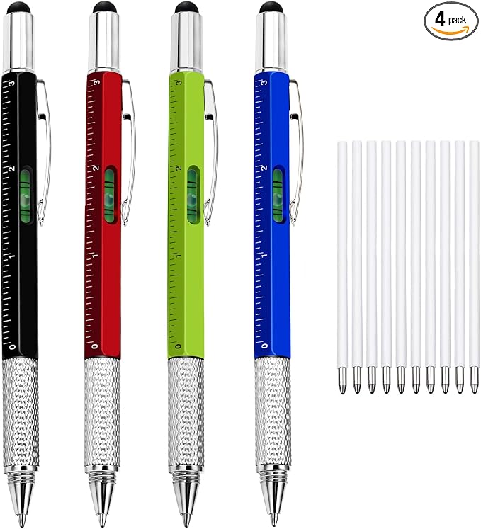 Zhanmai 4 Pcs 6 in 1 Multitool Pen Gift for Men Multi Tool Ballpoint Pen with Ruler Level Screwdriver Stylus Cool 10 Ink Refill Tool Gadget Birthday Christmas Stocking Stuffers (Red Green Gray Blue)
