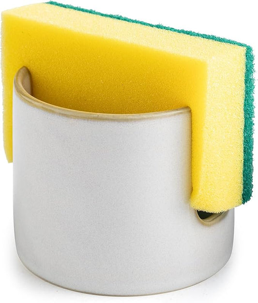 Zoeeker Sponge Holder for Kitchen Sink, Ceramic Dish Sponge Drying Caddy Scrubby Daddy Kitchen Organizer Cute Dish Rack for Sink Counter, Beige White