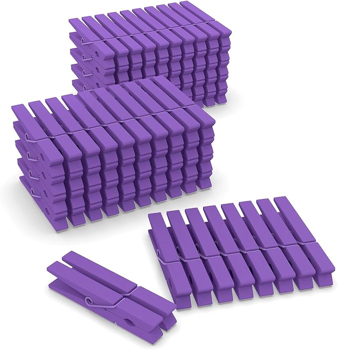 100 Pcs Purple Clothes pins - 2.9 Inch Wooden Clothespins Cheer Clips | Vibrant for Crafts Classroom Decorations Clothing Pictures Laundry Solid Wood No Splinters Fade‑Proof