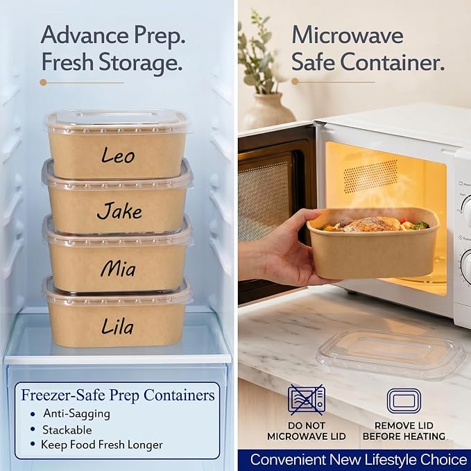 50 Pack 25Oz Disposable Meal Prep Containers With Lids and Forks-Disposable Kraft Paper Bowls-to go food containers-Microwavable and Freezer Safe Take Out Containers for Hot/Cold Food Prep and Salad