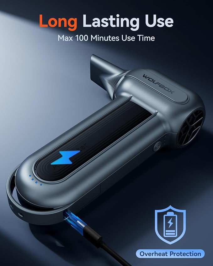 WOLFBOX MF100 Compressed Air Duster, 150000RPM Turbo Fan, 45 m/s Airflow | 3-Gear Adjustable Speed, Type-C Fast Charging, Lightweight 0.66 lb, 5 Nozzles & 2 Brushes, For Computer Keyboard Car Outdoor