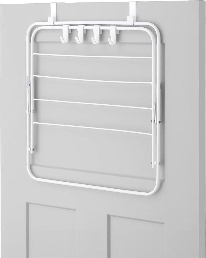 Whitmor Over The Door Folding Drying Rack, Space Saving Clothes Drying Rack with Hooks, Heavy Duty Foldable Laundry Rack, Rust Resistant Steel Hanging Drying Rack for Most Doors