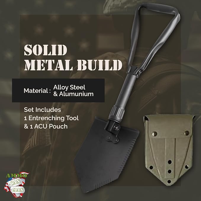 2 Piece Military Grade Entrenching Tool Set – Tri Fold Metal Alloy Folding Camping Shovel w/Plastic Etool Carrier – Compact, Multipurpose Collapsible Shovel – Survival Gear for Outdoor Enthusiasts | Multipurpose Collapsible Shovel – Survival Gear for O...