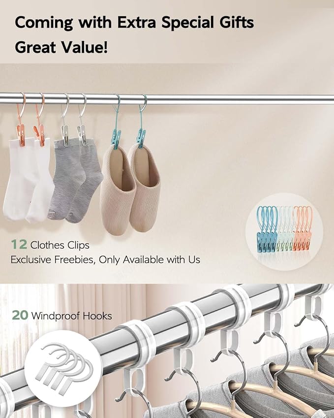 Vikaqi Clothes Drying Rack 95 Inches Folding Outdoor Indoor, Drying Rack Clothing Collapsible, Foldable Laundry Drying Rack, Heavy Duty Stainless Steel Clothesline, 20 Hooks 12 Clips