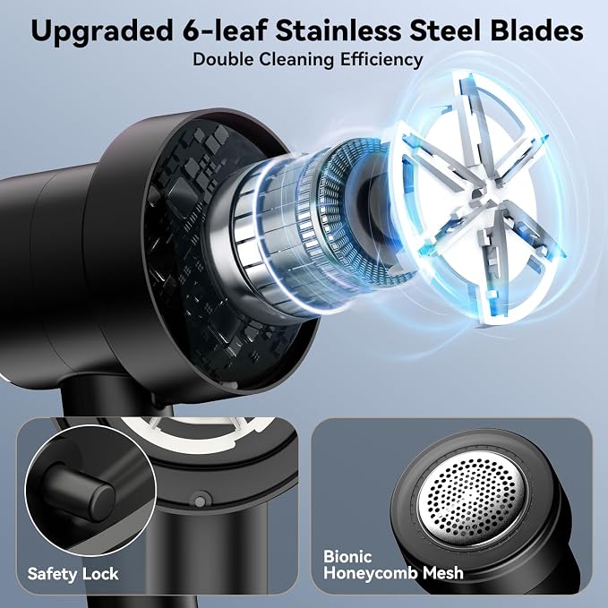 Rechargeable Fabric Shaver for Clothes: 6-Leaf Blades & 3 Speeds to Remove Pilling, Fuzz & Lint Balls - with LED Display, Portable Electric Lint Remover for Sweater, Couch, Blanket, Furniture