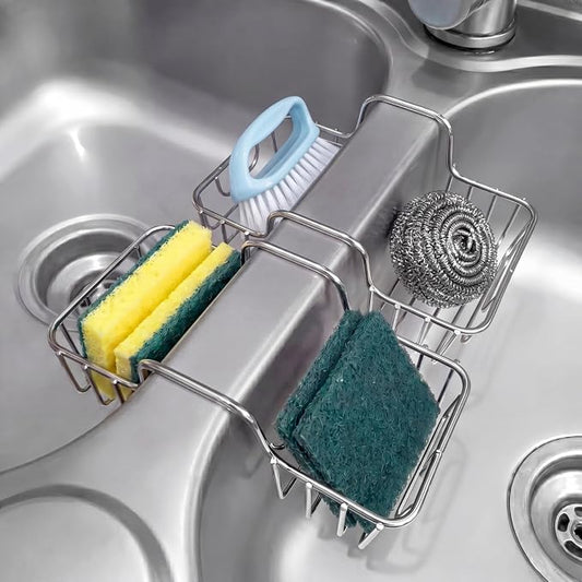 2 Pack Stainless Steel Sponge Holder for Kitchen Sink, Double Kitchen Sink Caddy Saddle for Sponge, Scrubber & Dish Cloth, Rustproof Hanging Organizer for Double Basin, Top Width 1.93"