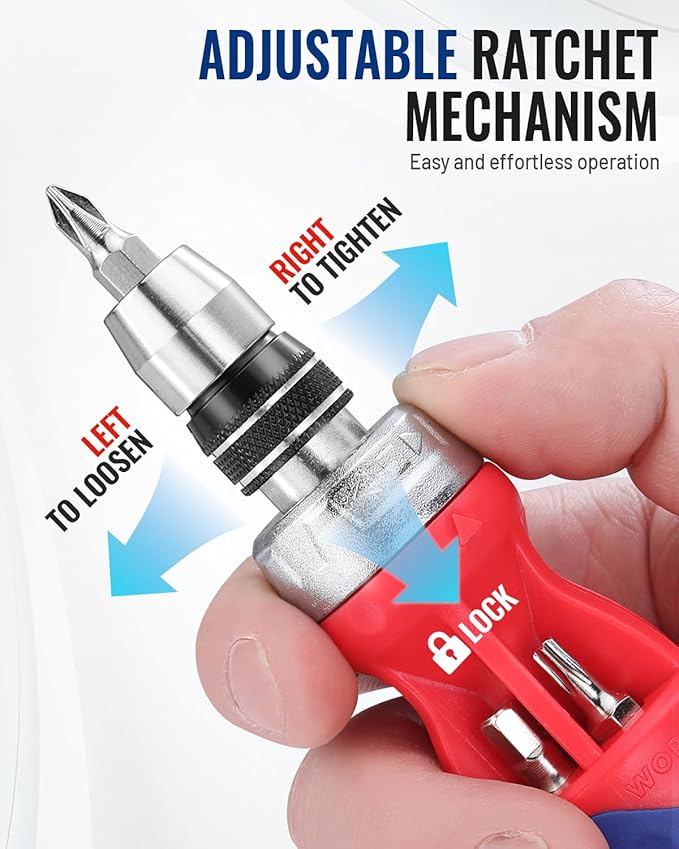 WORKPRO 12-in-1 Stubby Ratcheting Multi-bit Screwdriver | Short Screw Drivers with Magnetic, Quick-load Mechanism, Premium S2 Steel, Small Screwdriver with Double End Bits in Handle