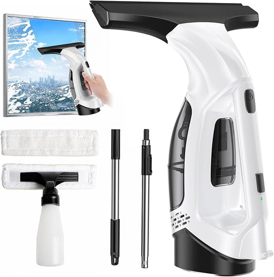 Cordless Window Vacuum Squeegee with Extension Pole, Electric Window Cleaner with Water Collection Tank, Portable Cleaning Kit for Glass Doors, Windows, Mirrors and Car（White）