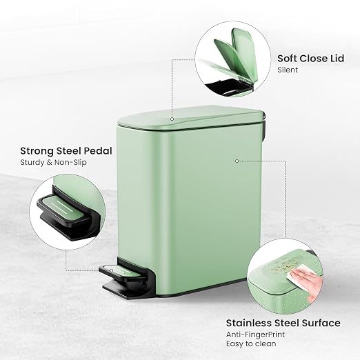 Cesun Small Bathroom Trash Can with Lid Soft Close, Step Pedal, 6 Liter / 1.6 Gallon Stainless Steel Garbage Can with Removable Inner Bucket, Anti-Fingerprint Finish (Sage Green)