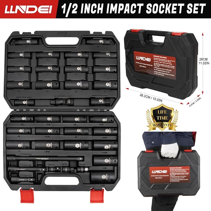 1/2" Drive Deep Impact Socket Set 37Pcs SAE/Metric CR-MO | 3/8"-1-1/4" & 8-24mm, Spark Plug 16/21mm, Universal Joint & Extensions, for Auto, Truck & Heavy Equipment