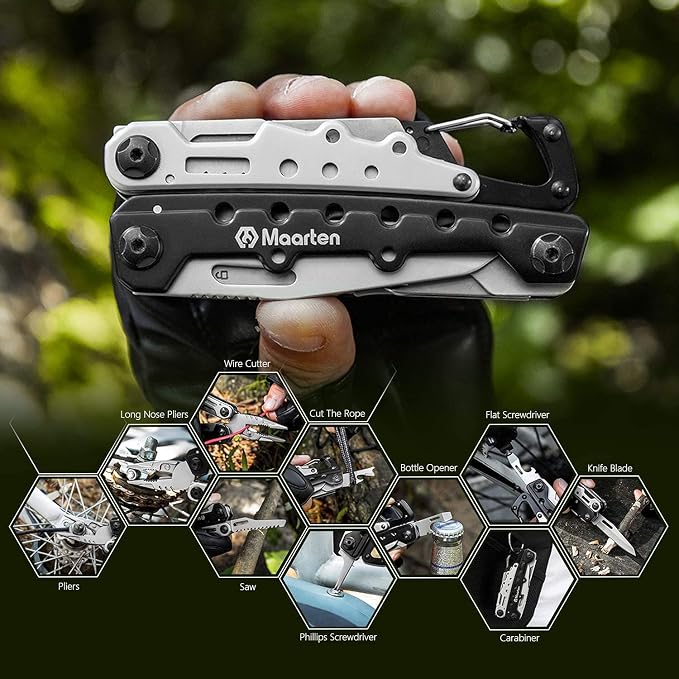 Maarten Lightweight Multitool Pliers, 11 in 1 Suspension Multi-Plier with Carabiner, Stainless Steel Portable Pocket Keychain Multi tool with Spring Pliers, Folding Saw, Bottle Opener and Sheath
