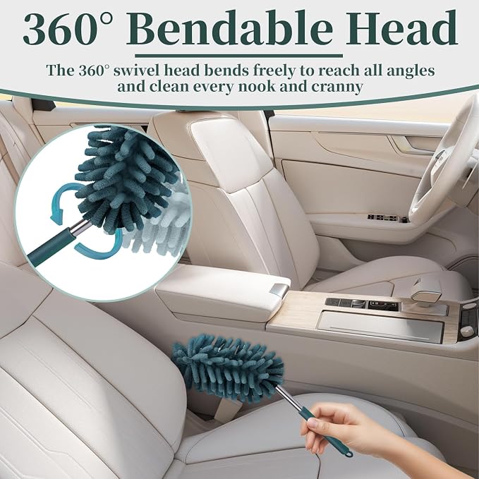 2 PCS Car Interior Duster with Extension Pole, Dusters for Cleaning | Microfiber Car Dusters with Bendable Head, Duster Interior & Exterior Scratch Free for Vehicle, Offices, Window (Nude Blue)