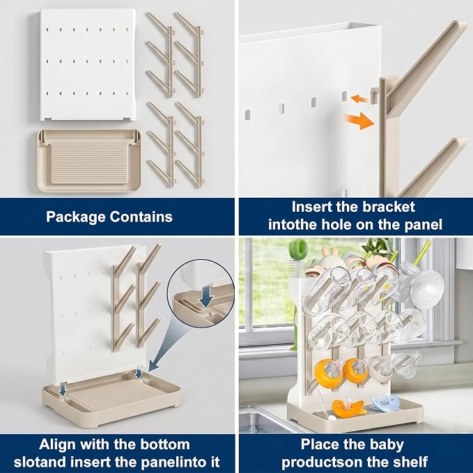 GoMaihe Baby Bottle Drying Rack: Space Saving Vertical Bottle Dryer Holder - Baby Accessories Storage Stand Organize Brushes Pacifiers on Countertop - BPA-Free - Beige