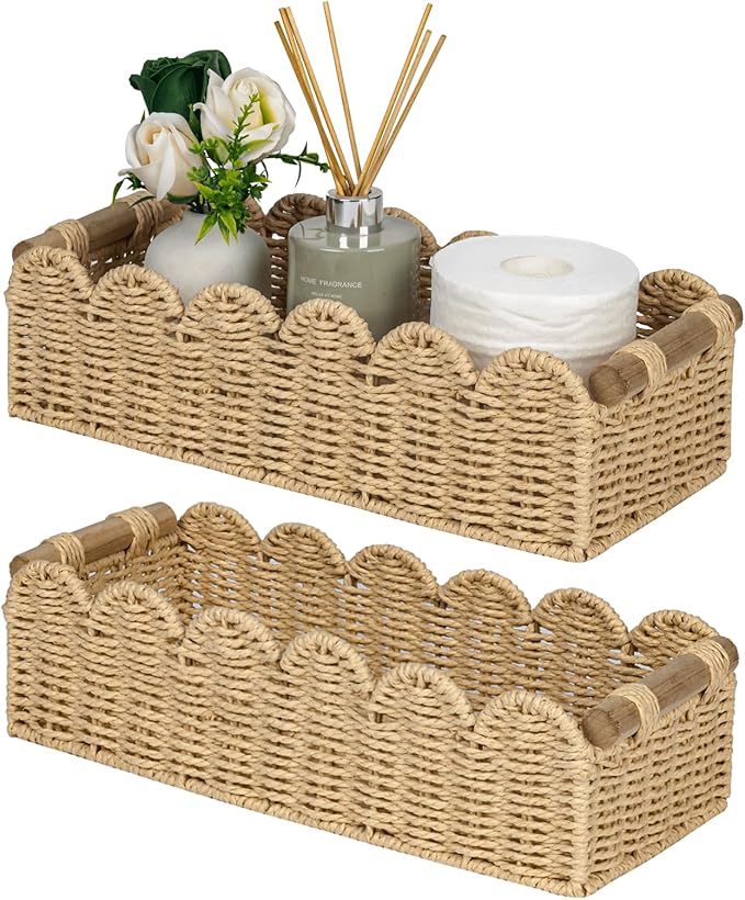 CubesLand Bathroom Basket Organizer, Toilet Tank Paper Storage Baskets 2PK | Scalloped Decorative Basket for Countertop w/Handle, Wicker Basket for Bathroom Decor, Home Decor, Living Room, Beige