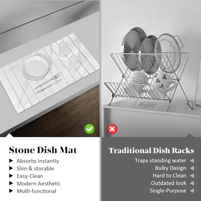 2 PCS Extra Large Stone Dish Drying Mat for Kitchen Counter, Foldable Quick Drying Dish Mats, Super Absorbent Drying Pad, Kitchen Counter Mats for Cups, Dishes, Bottles (White Marble 28"×16" & 8"x4")