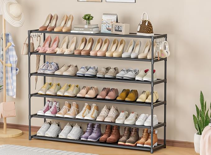 LUKYTOWER Extra Long Shoe Rack 6 Tier 39Pairs with 2 Hooks | Sturdy Wide Stackable Shoe Organizer for Closet, Entryway, Front Door Entrance, Durable Shoe Shelf Stand, Black Shoe Storage
