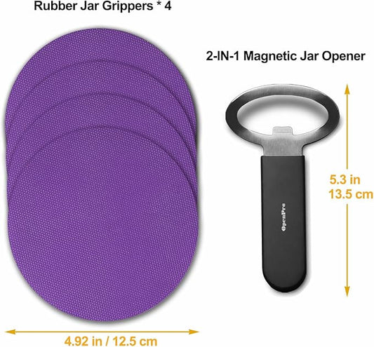 Magnetic Jar Opener Gripper, Jar Openers Top Rated For Seniors Weak Hands, Bottle Opener Built-In, 2-IN-1 Jar & Bottle Opener x 1, Black, Rubber Jar Openers Gripper x 4