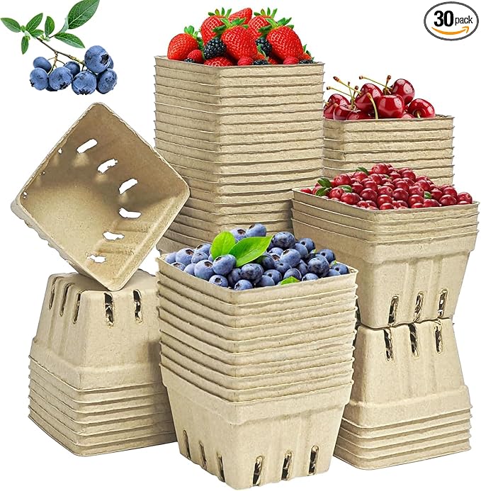 30 Pack Natural Pulp Fiber Berry Baskets, Small Molded Vented Fruit Containers for Strawberry Blueberry Raspberry, Eco-Friendly Produce Trays for Farmers Market, Kitchen Storage & Grocery