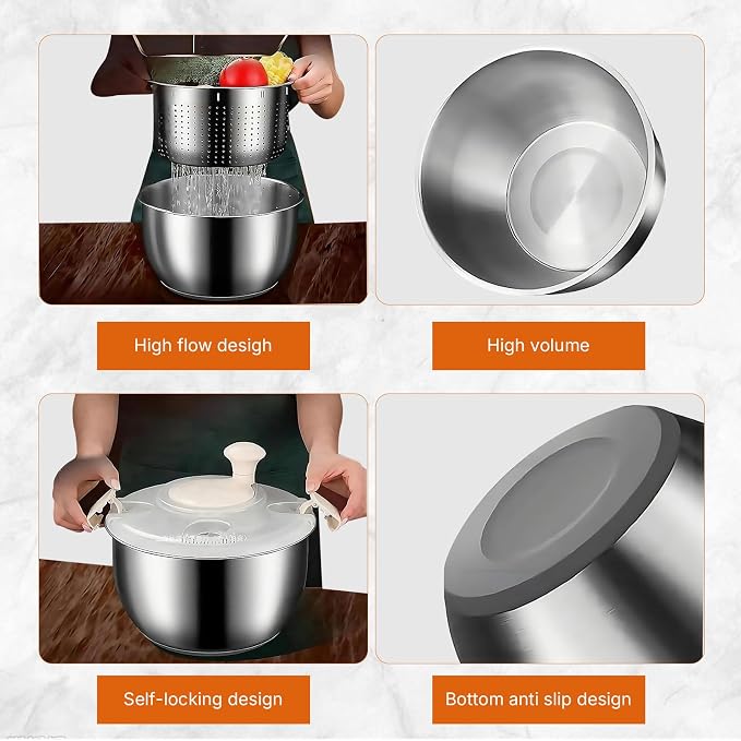 Stainless Steel Salad Spinner, 6L Salad Spinner, Lettuce Spinner, Fruit Washer, Quick Spin Salad Spinner for Householder Vegetables and Pasta Fries Small Salad Spinner Essential Kitchen Utensils