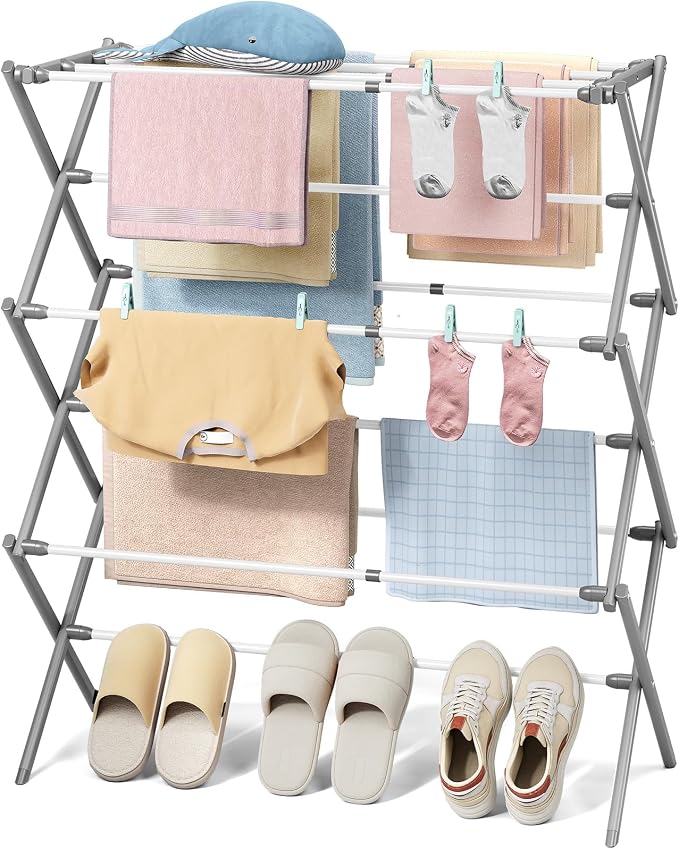 KINGBOARD 3-Tier Extendable Clothes Drying Rack, Foldable, White & Grey | 37.4"H x 33.8"W x 11.2"D, Space-Saving Collapsible, Easy Assembly, Rust-Resistant Iron Frame, Indoor Outdoor Use, 25lb