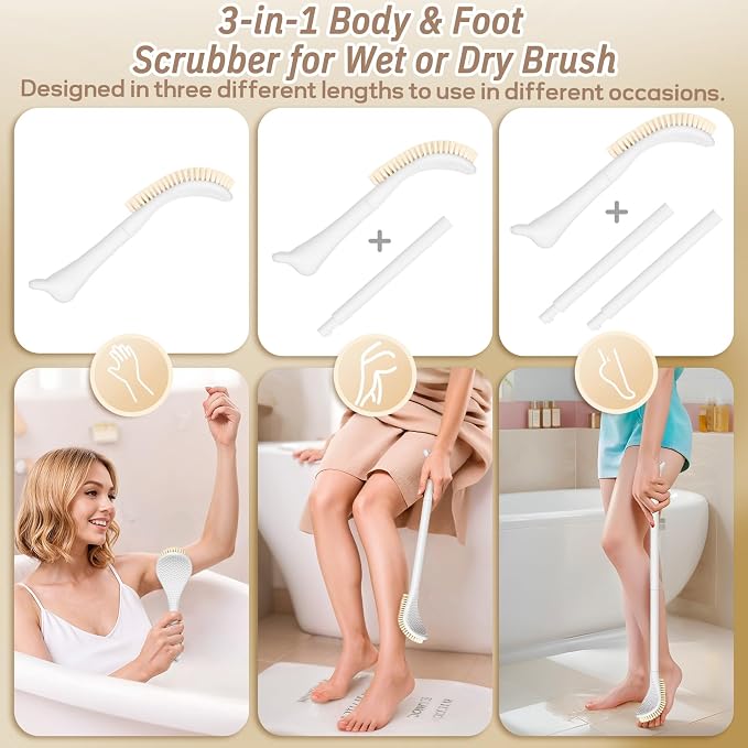 Foot Brush/Foot File/Silicone Body Scrubber Set(3PCS), 3-in-1 Foot Scrubber with Long Handle, 10.2’’-27.5’’Adjustable Foot Scrub Brush with Foot File and Silicone Loofah, Gift-Box(White Set)