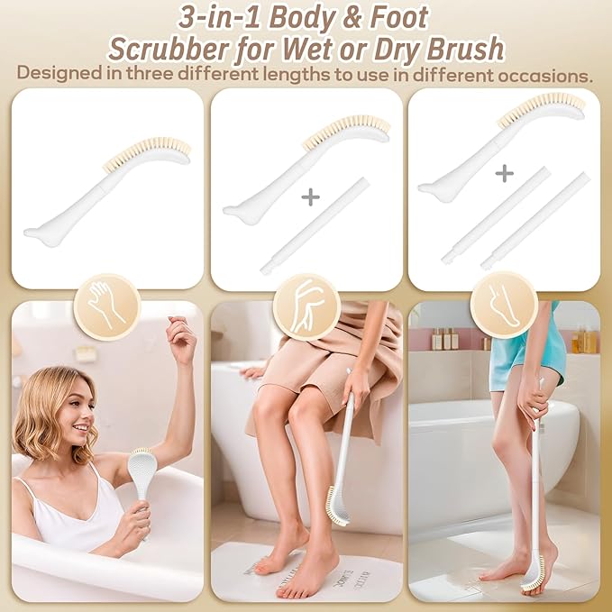 Foot Brush & Back Scrubber Set, 27.5'' Adjustable Foot Scrubber for Shower, 18.9'' Shower Back Scrubber with 3-Length Usage, Great Aid for People with Limited Mobility(White Set)
