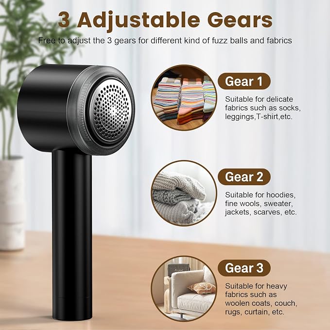 Rechargeable Fabric Shaver Defuzzer with Lint Roller, 2 Extra Blades, Black | Sweater Shaver, Electric Fuzz Remover, Magnetic Cap, Digital Display, for Clothing Furniture Couch
