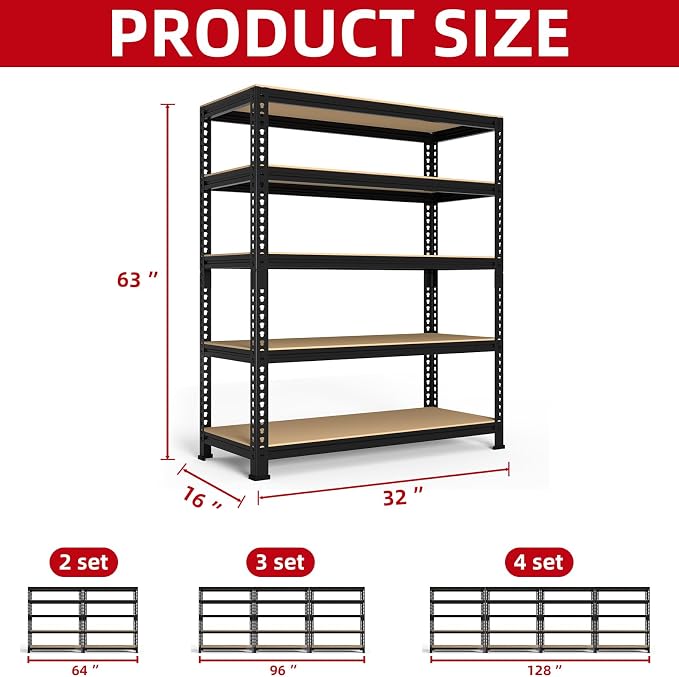 PrimeZone Garage Storage Shelves, 5 Tier Adjustable Metal Shelving | 31.5"W x 16"D x 63"H, Power-Coated Heavy Duty Steel Frame, Detachable, Freestanding Shelf for Kitchen, Pantry, Basement