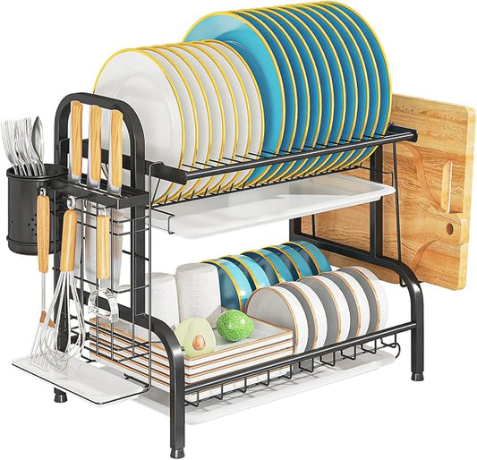 Dish Drying Rack, 2-Tier Stainless Steel Dish Rack for Kitchen Counter or Over Sink, Space Saving Organizer with Removable Drainboard,Home and Appartment Decor, Black