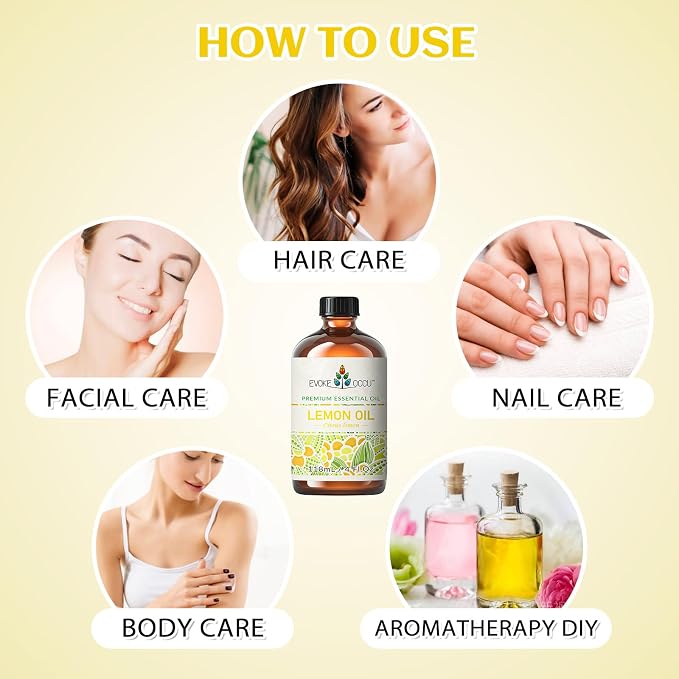 EVOKE OCCU Lemon Essential Oil for Cleansing Skin Home Diffuser Massage | DIY Cleaning Spray, Suitable for Cleaning Kitchen Countertops, Dishes, and Cookware, and for Freshening up – 118mL / 4 fl oz